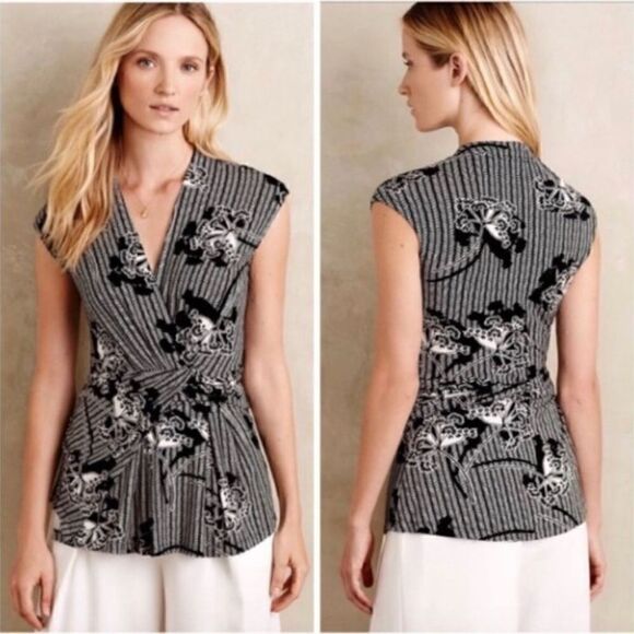 Anthropologie Black White Deletta Lorine Faux Wrap Floral Top Medium Stretchy - Picture 1 of 9